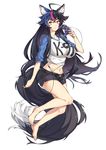  animal_ears barefoot black_hair breasts controller fang full_body gamecube_controller gebyy-terar large_breasts long_hair midriff multicolored_hair raglan_sleeves shorts simple_background solo tail yellow_eyes 