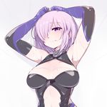  armpits arms_up bare_shoulders blush breasts chan_co cleavage elbow_gloves fate/grand_order fate_(series) gloves hair_over_one_eye large_breasts lavender_hair looking_at_viewer mash_kyrielight purple_eyes short_hair solo thread upper_body 