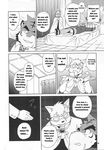  5_fingers anthro bed cloak clothing comic doujinshi english_text eyewear feline fruitz fur goggles hair inner_ear_fluff inside kemono mammal necktie open_mouth suit text 