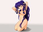  1girl armpits arms_up artist_request barefoot breasts eyes_closed feet gradient gradient_background kneeling long_hair navel nipples nude open_mouth purple_hair ranma_1/2 shadow shampoo_(ranma_1/2) solo source_request white_background 