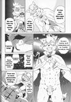  5_fingers abs anthro bed briefs chest_tuft cloak clothing comic doujinshi english_text erection eyewear feline fruitz fur goggles hair inner_ear_fluff inside kemono male mammal nude open_mouth penis text tuft undershirt underwear 