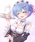  :d ^_^ black_dress blue_hair blush breasts cleavage closed_eyes commentary_request cup detached_sleeves dress frills hair_ornament hair_over_one_eye hair_ribbon happy holding holding_tray maid maid_headdress matokechi medium_breasts open_mouth re:zero_kara_hajimeru_isekai_seikatsu rem_(re:zero) ribbon short_hair smile solo tea tea_set teacup teapot tray x_hair_ornament 