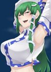  armpits arms_up blush breasts crop_top crop_top_overhang detached_sleeves frog_hair_ornament green_eyes green_hair hair_ornament highres kochiya_sanae large_breasts long_hair midriff nicutoka sidelocks snake_hair_ornament solo touhou 