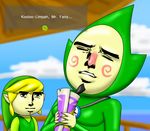  2016 blonde_hair bodysuit chameloshi clothing duo english_text eyes_closed facial_hair goatee hair hat holding_(disambiguation) holding_object humanoid hylian link male moobs nintendo not_furry pointy_ears red_nose skinsuit text the_legend_of_zelda tight_clothing tingle toon_link video_games yaranaika 