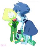  :3 adjusting_clothes artist_name barefoot blue_hair blue_skin bodysuit bow bowtie closed_eyes dressing_another feet forehead_jewel green_hair green_skin hands_on_hips height_difference kohira-san lapis_lazuli_(steven_universe) multiple_girls peridot_(steven_universe) simple_background smile steven_universe stuffed_alien stuffed_toy tiptoes toes tumblr_username visor white_background 