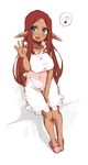  1girl apron bare_shoulders blue_eyes blush breast_squeeze breasts brown_hair cleavage dark_skin elf large_breasts long_hair long_pointy_ears maid-chan_(maze) maze_(gochama_ze_gohan) naked_apron nipples original pointy_ears smile solo 