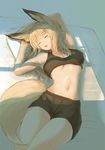  animal_ears armpits arms_up batta_(kanzume_quality) blonde_hair breasts closed_eyes fox_ears fox_tail fox_wife_(batta_(kanzume_quality)) long_hair lying medium_breasts midriff navel on_back open_mouth original pillow sleeping solo tail 