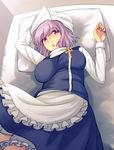  :o apron blue_dress breasts commentary dress head_scarf large_breasts lavender_hair letty_whiterock long_sleeves looking_at_viewer lying on_back on_bed pillow purple_eyes short_hair solo touhou urin waist_apron 