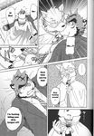  5_fingers anthro bed blood cloak clothing comic doujinshi english_text eyewear feline fruitz fur goggles hair inner_ear_fluff inside kemono kissing male mammal necktie open_mouth suit text 