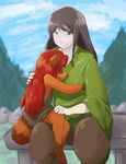  2016 anthro barefoot cainethelongshot chiharu clothed clothing cuddling daughter duo father father_and_daughter female fur green_eyes hair hug human interspecies japanese_clothing katsujinken long_hair male male/female mammal markings outside parent portrait pufft_tail puffy smile tanuki young 