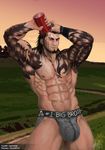  1boy bara black_hair bulge crotch cup final_fantasy final_fantasy_xv gladiolus_amicitia looking_at_viewer male_focus outdoors solo tattoo topless underwear water 