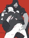  2boys aftersex anal bara blood cum cumdrip fingering gaping male_focus monochrome multiple_boys muscle overwatch reaper_(overwatch) soldier:_76_(overwatch) spot_color torn_clothes undressing yaoi 