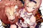  atha_(leejuiping) bare_shoulders blonde_hair braid breasts crown dress french_braid green_hair hairband jewelry kantai_collection large_breasts lion long_hair mini_crown necklace off_shoulder ring sitting solo warspite_(kantai_collection) 