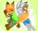  2016 anthro bed blush canine clothed clothing disney duo female fox judy_hopps lagomorph male mammal nick_wilde rabbit simple_background sleeping tail_hug zootopia あおいたかゆき 
