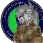 ambiguous_form anthro badge bangs black_nose blue_eyes breasts bust_portrait button_(fastener) canine cheek_tuft clothed clothing detailed_background digital_media_(artwork) ears_up emblem english_text eyebrows eyelashes facial_markings female fox front_view fur grey_fur hair hair_over_eye inner_ear_fluff insignia jacket jade_(jadeella) long_hair mammal markings melee_weapon military military_uniform mixed_media multicolored_fur pav pencil_(artwork) pockets pointy_ears ponytail portrait red_fox shaded shield shirt snout solo star star_trek sword text traditional_media_(artwork) tuft uniform weapon 