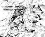  bazooka firing gundam gundam_0083 gundam_gp-02_physalis highres ishiyumi mecha monochrome no_humans over_shoulder shield smoke thrusters v-fin weapon weapon_over_shoulder 