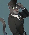  2016 anthro belt black_jaguar clothed clothing disney feline fur green_eyes hat jaguar kirita male mammal necktie renato_manchas simple_background solo zootopia 