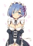  blue_eyes blue_hair breasts cleavage detached_sleeves hair_ornament hair_ribbon large_breasts looking_at_viewer maid maid_headdress mori_airi re:zero_kara_hajimeru_isekai_seikatsu rem_(re:zero) ribbon short_hair smile solo x_hair_ornament 