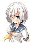  blue_eyes blush breasts cross_(crossryou) eyes_visible_through_hair hair_ornament hair_over_one_eye hairclip hamakaze_(kantai_collection) kantai_collection medium_breasts neckerchief school_uniform serafuku short_hair short_sleeves silver_hair solo yellow_neckwear 