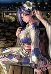  2016 artist_name bangs bench breasts crescent dated facial_mark floral_print flower forehead_tattoo hair_flower hair_ornament hair_tucking half_updo hand_on_own_chest highres japanese_clothes kimono large_breasts lily_(flower) looking_at_viewer lotus obi original outstretched_arm parted_bangs parted_lips pov purple_hair red_eyes ryuki@maguro-ex sash signature sitting solo_focus water yukata 