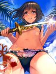  angry ass_visible_through_thighs bad_id bad_pixiv_id bikini black_hair blurry blush bow_bikini breasts clenched_teeth cloud day depth_of_field erika_(shadowverse) from_below groin lens_flare maid_bikini medium_breasts navel palm_tree purple_eyes shadowverse short_hair sky solo swimsuit sword tassel tears teeth tree tsukana_(saba_mizore) underboob water_drop weapon wet 