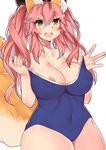  :d alternate_costume animal_ear_fluff animal_ears areola_slip areolae bare_shoulders blue_swimsuit blush breasts cleavage collarbone commentary_request competition_school_swimsuit covered_navel covered_nipples cowboy_shot fate/extra fate_(series) fox_ears fox_girl fox_tail large_breasts long_hair looking_at_viewer navel one-piece_swimsuit open_mouth osiimi pink_hair plump pulled_by_self round_teeth sidelocks smile solo strap_pull swimsuit swimsuit_pull tail tamamo_(fate)_(all) tamamo_no_mae_(fate) teeth twintails white_background yellow_eyes 