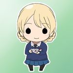  black_neckwear blonde_hair blue_skirt blue_sweater braid chibi cup darjeeling dress_shirt girls_und_panzer lowres miniskirt necktie pleated_skirt ponareon_ponaparte shirt short_hair skirt smile solo st._gloriana's_school_uniform sweater teacup uniform v-neck white_shirt 