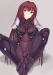  bodysuit breasts covered_navel fate/grand_order fate_(series) feet highres kesoshirou long_hair looking_at_viewer medium_breasts navel no_shoes pauldrons pov_feet purple_bodysuit purple_hair red_eyes scathach_(fate)_(all) scathach_(fate/grand_order) simple_background smile soles solo toe_scrunch toes 