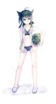  ahoge alternate_costume black_hair blush cis_(carcharias) closed_mouth collarbone expressionless food fruit hair_flaps hatsuzuki_(kantai_collection) highres holding kantai_collection looking_to_the_side navel short_hair simple_background sketch slippers solo swimsuit swimsuit_under_clothes thighs watermelon white_background 