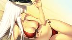  arm_support armpits bare_shoulders bikini blush bow breasts brown_bow cleavage closed_mouth commentary_request dutch_angle from_side front-tie_bikini front-tie_top hand_on_headwear hand_up hat highres kawanakajima large_breasts long_hair lying navel on_side profile red_bikini rick_g_earth side-tie_bikini smile solo stomach swimsuit thigh_gap thighs very_long_hair white_hair yellow yellow_eyes 