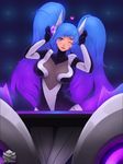  ;) blue_eyes blue_hair bodysuit caramelldansen gradient_hair heart highres league_of_legends long_hair multicolored_hair one_eye_closed philip_maslennikov smile solo sona_buvelle twintails very_long_hair 