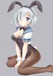  adapted_costume animal_ears black_legwear breasts bunny_ears bunny_girl bunny_tail bunnysuit cleavage eyes_visible_through_hair fake_animal_ears hair_ornament hair_over_one_eye hairband hairclip hamakaze_(kantai_collection) heart kantai_collection large_breasts nikoo pantyhose short_hair silver_hair simple_background sitting solo tail wariza wrist_cuffs 