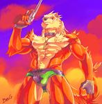  abs anthro armpits bo-gilliam bulge canine clothed clothing cloudscape collar fingerless_gloves gloves gun handgun hibuki_crossbone low-angle_view mammal muscular nipples pecs pendant ranged_weapon revolver signature sky speedo standing swimsuit topless weapon 
