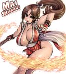  amania_orz blush breasts brown_eyes brown_hair closed_fan collarbone fan fire folding_fan hair_ornament huge_breasts japanese_clothes long_hair ninja open_mouth pelvic_curtain ponytail revealing_clothes shiranui_mai simple_background solo the_king_of_fighters 