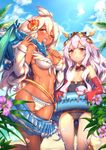  :&lt; ;d ahoge bare_shoulders beach bikini blush breasts cleavage closed_mouth cloud dark_skin day dragon elbow_gloves flower gloves granblue_fantasy hair_between_eyes hair_flower hair_ornament hibiscus innertube large_breasts long_hair looking_at_viewer md5_mismatch medusa_(shingeki_no_bahamut) multiple_girls navel one-piece_swimsuit one_eye_closed open_mouth outdoors red_eyes red_gloves shennai_misha shingeki_no_bahamut sky small_breasts smile snake swimsuit v-shaped_eyebrows very_long_hair white_bikini white_hair zooey_(granblue_fantasy) 