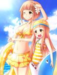  beach bikini bikini_skirt blush breasts brown_eyes brown_hair cleavage cloud cloudy_sky covered_navel day frilled_bikini frills front-tie_top ichihara_nina idolmaster idolmaster_cinderella_girls innertube kitami_yuzu long_hair medium_breasts multiple_girls navel one-piece_swimsuit one_eye_closed open_mouth outdoors pointing ram_hachimin shore short_hair sky smile striped striped_swimsuit sun swim_cap swimsuit 