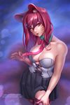 academy_ahri ahri animal_ears breasts cleavage corset detached_collar fox_ears highres large_breasts league_of_legends looking_at_viewer md5_mismatch necktie olga_narhova pink_hair resized skirt solo stomach thighhighs upscaled whisker_markings whiskers 