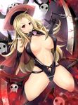  &gt;:) ass_visible_through_thighs backlighting bangs black_gloves black_hat black_legwear blonde_hair blurry breasts capelet closed_mouth commentary_request depth_of_field elbow_gloves full_moon gloves hair_ornament hairclip hat heart highres holding holding_weapon large_breasts long_hair looking_at_viewer midriff mole mole_under_mouth moon navel over-kneehighs parted_bangs red_eyes revealing_clothes scythe senran_kagura senran_kagura_shinovi_versus shiki_(senran_kagura) sidelocks sinkai smile solo strap_gap thighhighs underboob v-shaped_eyebrows weapon witch_hat 