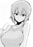  breasts closed_mouth expressionless food girls_und_panzer greyscale harukon_(halcon) large_breasts monochrome nishizumi_maho popsicle short_hair simple_background solo 