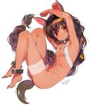  :o animal_ears ankle_cuffs armpits arms_up artist_name bandaged_leg bandages breasts brown_hair dark_skin dated duplicate full_body highres konbu_wakame long_hair looking_at_viewer original red_eyes simple_background sketch small_breasts solo tail very_long_hair white_background 