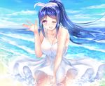  bad_id bad_pixiv_id beach blue_hair blush breasts cleavage dress gorua_(youce01) large_breasts long_hair looking_at_viewer love_live! love_live!_sunshine!! matsuura_kanan one_eye_closed open_mouth ponytail purple_eyes smile solo white_dress 