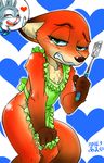  &lt;3 2016 anthro apron blood blush canine chest_tuft clothed clothing disney duo embarrassed female fox fur green_eyes grey_fur inner_ear_fluff judy_hopps lagomorph mammal naked_apron nick_wilde nosebleed pattern_background pictographics rabbit simple_background solo_focus teeth thumbs_up tuft zootopia あおいたかゆき 
