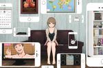  alarm_clock bare_legs barefoot book bookshelf brown_eyes brown_hair calendar_(object) cellphone clock commentary couch hood hood_down hoodie indoors magazine map original painting_(object) phone short_hair sitting smartphone solo television thermostat yajirushi_(chanoma) 