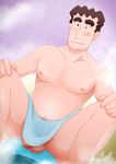  1boy bathing bathroom black_hair body_hair crayon_shin-chan facial_hair flaccid male_focus nipples nohara_hiroshi penis sitting smile solo steam testicles towel 