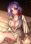  bed_sheet blue_hair blush breasts cleavage collarbone crescent forehead_tattoo hair_ribbon highres large_breasts long_hair looking_at_viewer nightgown open_clothes original red_eyes ribbon ryuki@maguro-ex sitting solo veins veiny_breasts 