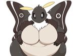  4_arms arthropod belly big_belly big_breasts black_fur breasts fur hand_on_stomach hi_res insect jonasii looking_at_viewer moth multi_arm multi_limb obese overweight shiny shiny_skin simple_background solo standing thick_thighs white_belly white_fur wide_hips wings yosioka_san 