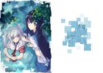  armband blue_eyes blue_hair bracelet candy cover digital_dissolve fingernails food from_above grey_eyes grey_hair highres hoshino_(illyasviel) jewelry leaf lineart lollipop looking_at_viewer lying maple_leaf multiple_girls on_stomach original school_uniform twintails wading water white_background 