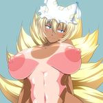  abs amazon_(taitaitaira) areolae blonde_hair blue_eyes blush breasts closed_mouth commentary_request fox_tail hat head_tilt highres huge_breasts kyuubi large_areolae mob_cap multiple_tails navel nipples nude one-piece_tan pillow_hat puffy_nipples short_hair smile solo tail tan tanline tassel touhou tsurime upper_body yakumo_ran 