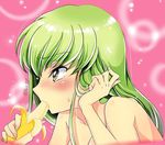  adjusting_hair banana bare_shoulders blush c.c. code_geass eating food fruit green_hair izumo_neko long_hair sexually_suggestive solo sweat yellow_eyes 