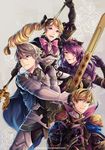  2girls armor artist_name bangs blonde_hair book bow camilla_(fire_emblem_if) cape capelet drill_hair elise_(fire_emblem_if) fire_emblem fire_emblem_if floral_background flower gauntlets gloves grey_background grey_hair hair_between_eyes hair_over_one_eye hair_ribbon hairband headpiece holding holding_book holding_sword holding_weapon leon_(fire_emblem_if) lipstick long_hair looking_at_viewer makeup male_my_unit_(fire_emblem_if) mamkute multiple_boys multiple_girls my_unit_(fire_emblem_if) open_book open_mouth orange_eyes pointy_ears purple_eyes purple_hair ribbon rose smile staff sword teeth twin_drills warutsu watermark weapon web_address 